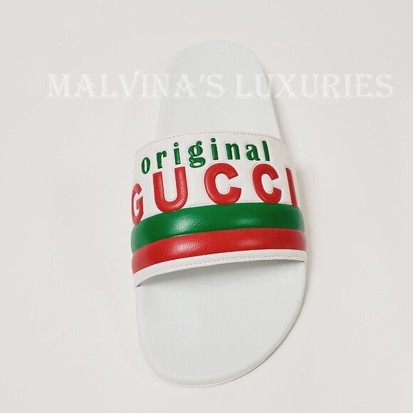 GUCCI SHOES MENS ORIGINAL WHITE LEATHER RUBBER SLIDE SANDAL w WEB sz 8G 8.5 US - Picture 9 of 15